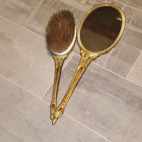 RARE Vintage Brass Beveled Hand Mirror&Brush - Picture 3 of 16